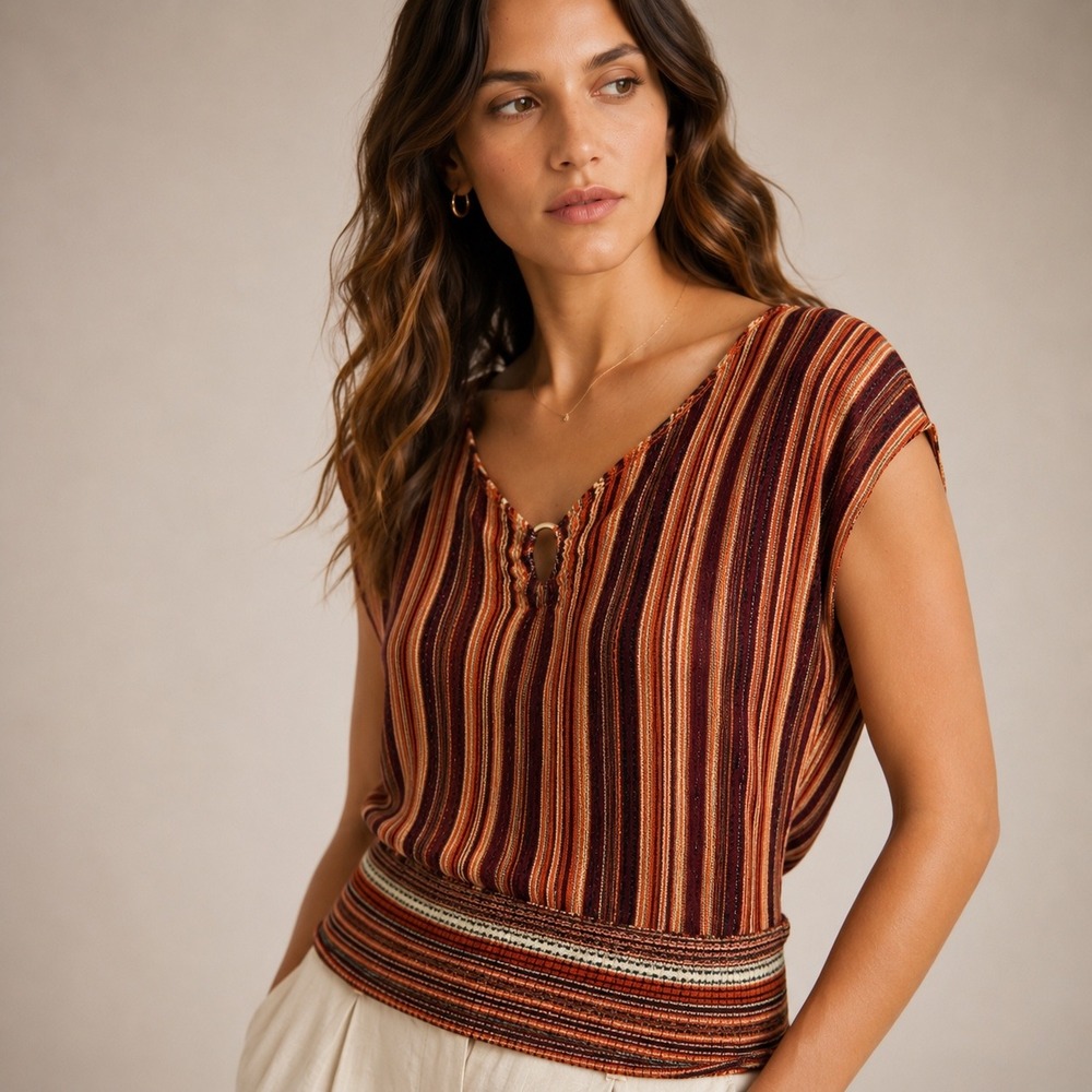 Studio 8 Women XL Knit Striped V-Neck Top Ring Detail Earth Tones Made in USA